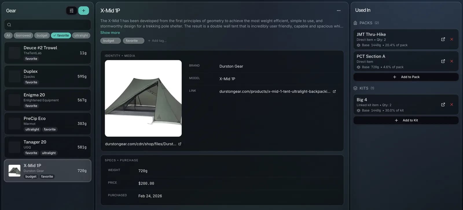 ShakedownKit gear inventory view with gear table and item details